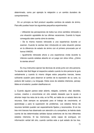 determinado, como por ejemplo la relajación o un cambio duradero de
comportamiento.


   En un principio es fácil producir aquellos cambios de estado de ánimo.
Para ello puedes hacer los siguientes pequeños experimentos:


       – Utilizando las percepciones de todos tus cinco sentidos retrocede a
       una situación agradable de tus últimas vacaciones. Cuando lo hayas
       conseguido date cuenta cómo te sientes.
       – De la misma manera retrocede a una experiencia durante un
       examen. Cuando te sientas bien introducido en esta situación piensa
       en la diferencia de estado de ánimo con el primero provocado por el
       trance VAKOG.
       – Igualmente retrocede ahora a una experiencia vivida durante tu
       infancia cuando estabas absorto en un juego con otros niños. ¿Cómo
       te sientes ahora?


       Es muy instructivo ejercer las técnicas de ancla junto con otra persona.
Te resulta más fácil llegar al respectivo estado cuando la otra persona te guía
verbalmente y cuando tú mismo diriges estos pequeños trances, tienes
suficiente ocasión para observar el cambio de la expresión de su cara, su
postura del cuerpo y su lenguaje. Estos ecos de estados interiores, percep-
tibles en el exterior, pueden clasificarse en:


a. Cuando alguien parece estar abierto, relajado, contento, vital, decidido,
curioso, creativo o encontrarse en otro estado deseado que le ayuda a
afrontar mejor los retos de la vida, en la PNL se habla de un estado lleno de
recursos. Este siempre es apropiado para el trabajo de crecimiento, el
aprendizaje y para la superación de problemas. Los estados llenos de
recursos también pueden ser especialmente fijados y reconocidos. Si en los
tres mini trances has observado con atención a tu compañero, te habrás dado
cuenta de las determinadas señales típicas exteriores de los tres diferentes
estados interiores. Si las memorizas, serás capaz de averiguar, sin
información verbal del otro, cuando cambia este a qué estado de los tres.

                                                                            71
 