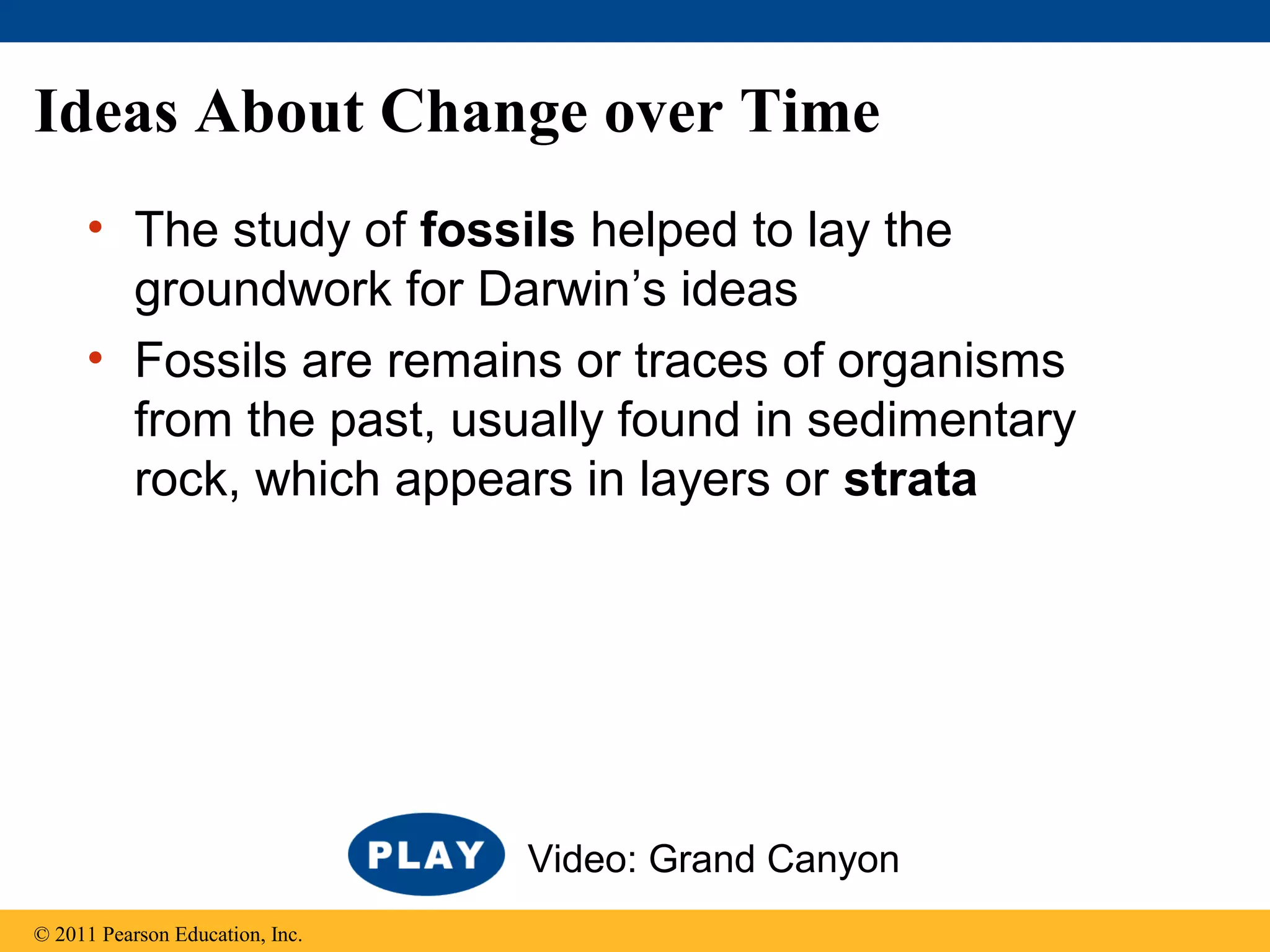 Ideas About Change over Time
• The study of fossils helped to lay the
groundwork for Darwin’s ideas
• Fossils are remains or traces of organisms
from the past, usually found in sedimentary
rock, which appears in layers or strata
© 2011 Pearson Education, Inc.
Video: Grand Canyon
 