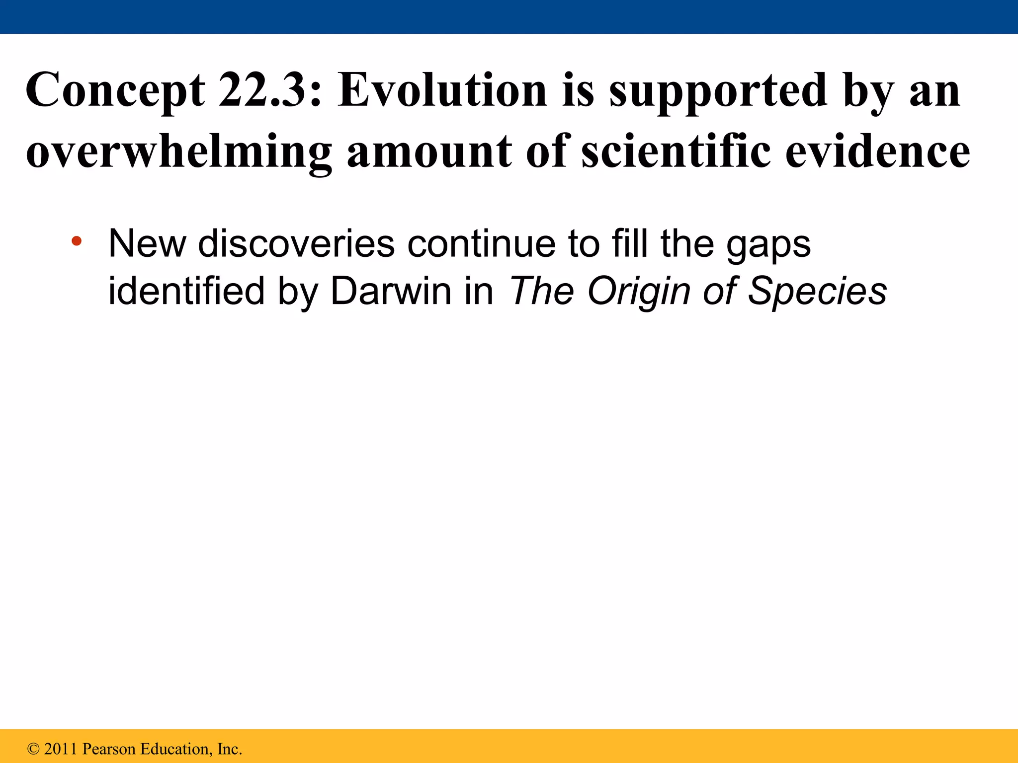 Concept 22.3: Evolution is supported by an
overwhelming amount of scientific evidence
• New discoveries continue to fill the gaps
identified by Darwin in The Origin of Species
© 2011 Pearson Education, Inc.
 