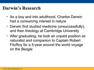 Darwin’s Research
• As a boy and into adulthood, Charles Darwin
had a consuming interest in nature
• Darwin first studied medicine (unsuccessfully),
and then theology at Cambridge University
• After graduating, he took an unpaid position as
naturalist and companion to Captain Robert
FitzRoy for a 5-year around the world voyage
on the Beagle
© 2011 Pearson Education, Inc.
 