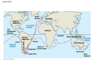Figure 22.5a
The
Galápagos
Islands
NORTH
AMERICA
ATLANTIC
OCEAN
Chile
SOUTH
AMERICA
AFRICA
EUROPE
Great
Britain
Equator
PACIFIC
OCEAN
Malay Archipelago
AUSTRALIA
Tasmania
New
Zealand
Brazil
Argentina
Cape Horn
AndesMtns.
Cape of
Good Hope
PACIFIC
OCEAN
 