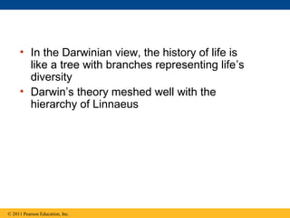 • In the Darwinian view, the history of life is
like a tree with branches representing life’s
diversity
• Darwin’s theory meshed well with the
hierarchy of Linnaeus
© 2011 Pearson Education, Inc.
 