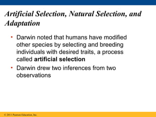 Artificial Selection, Natural Selection, and
Adaptation
• Darwin noted that humans have modified
other species by selecting and breeding
individuals with desired traits, a process
called artificial selection
• Darwin drew two inferences from two
observations
© 2011 Pearson Education, Inc.
 