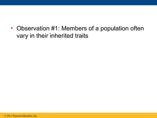 • Observation #1: Members of a population often
vary in their inherited traits
© 2011 Pearson Education, Inc.
 