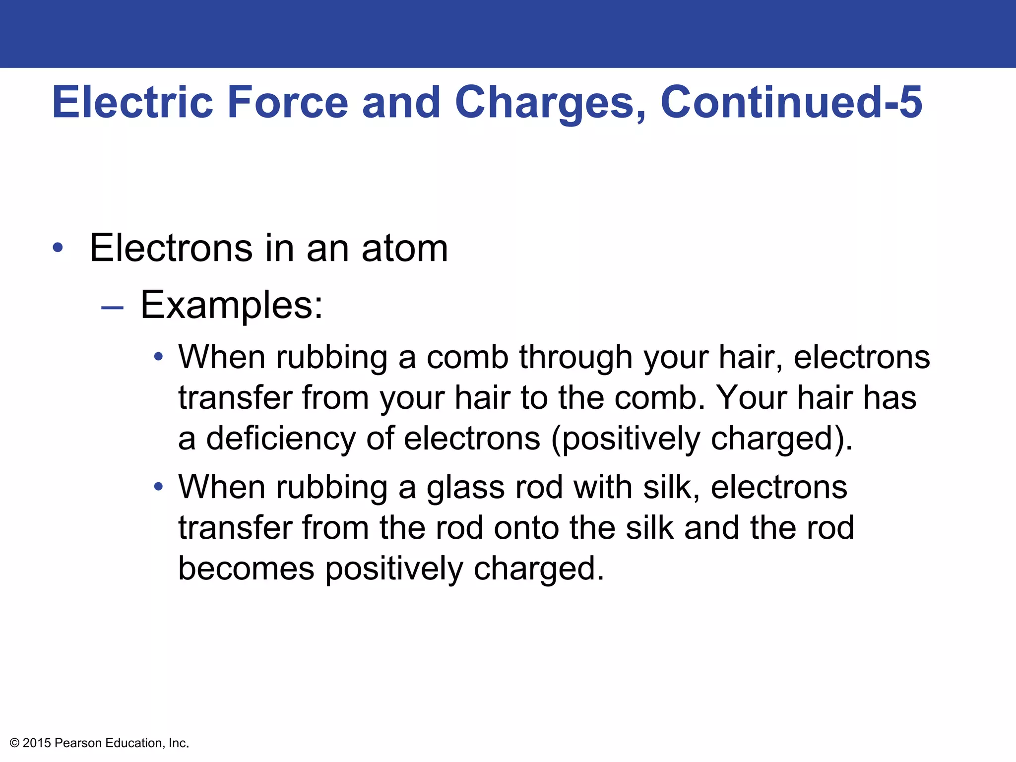© 2015 Pearson Education, Inc.
Electric Force and Charges, Continued-5
• Electrons in an atom
– Examples:
• When rubbing a comb through your hair, electrons
transfer from your hair to the comb. Your hair has
a deficiency of electrons (positively charged).
• When rubbing a glass rod with silk, electrons
transfer from the rod onto the silk and the rod
becomes positively charged.
 
