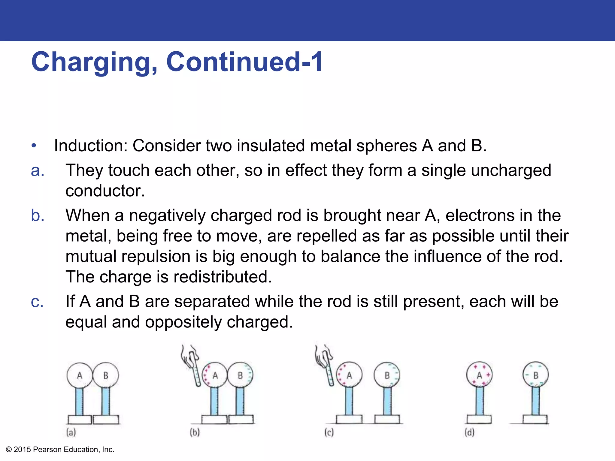 © 2015 Pearson Education, Inc.
Charging, Continued-1
• Induction: Consider two insulated metal spheres A and B.
a. They touch each other, so in effect they form a single uncharged
conductor.
b. When a negatively charged rod is brought near A, electrons in the
metal, being free to move, are repelled as far as possible until their
mutual repulsion is big enough to balance the influence of the rod.
The charge is redistributed.
c. If A and B are separated while the rod is still present, each will be
equal and oppositely charged.
 