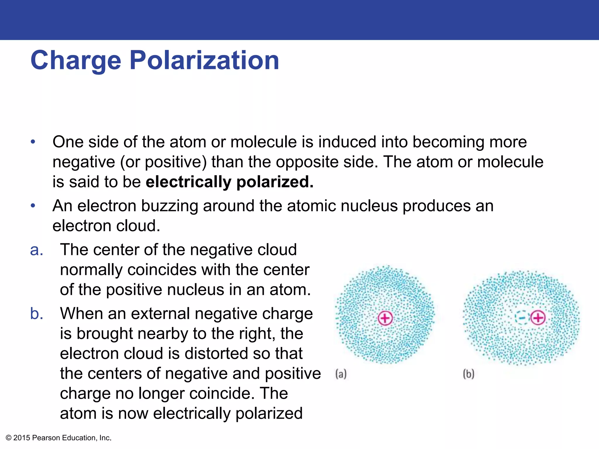© 2015 Pearson Education, Inc.
Charge Polarization
• One side of the atom or molecule is induced into becoming more
negative (or positive) than the opposite side. The atom or molecule
is said to be electrically polarized.
• An electron buzzing around the atomic nucleus produces an
electron cloud.
a. The center of the negative cloud
normally coincides with the center
of the positive nucleus in an atom.
b. When an external negative charge
is brought nearby to the right, the
electron cloud is distorted so that
the centers of negative and positive
charge no longer coincide. The
atom is now electrically polarized
 