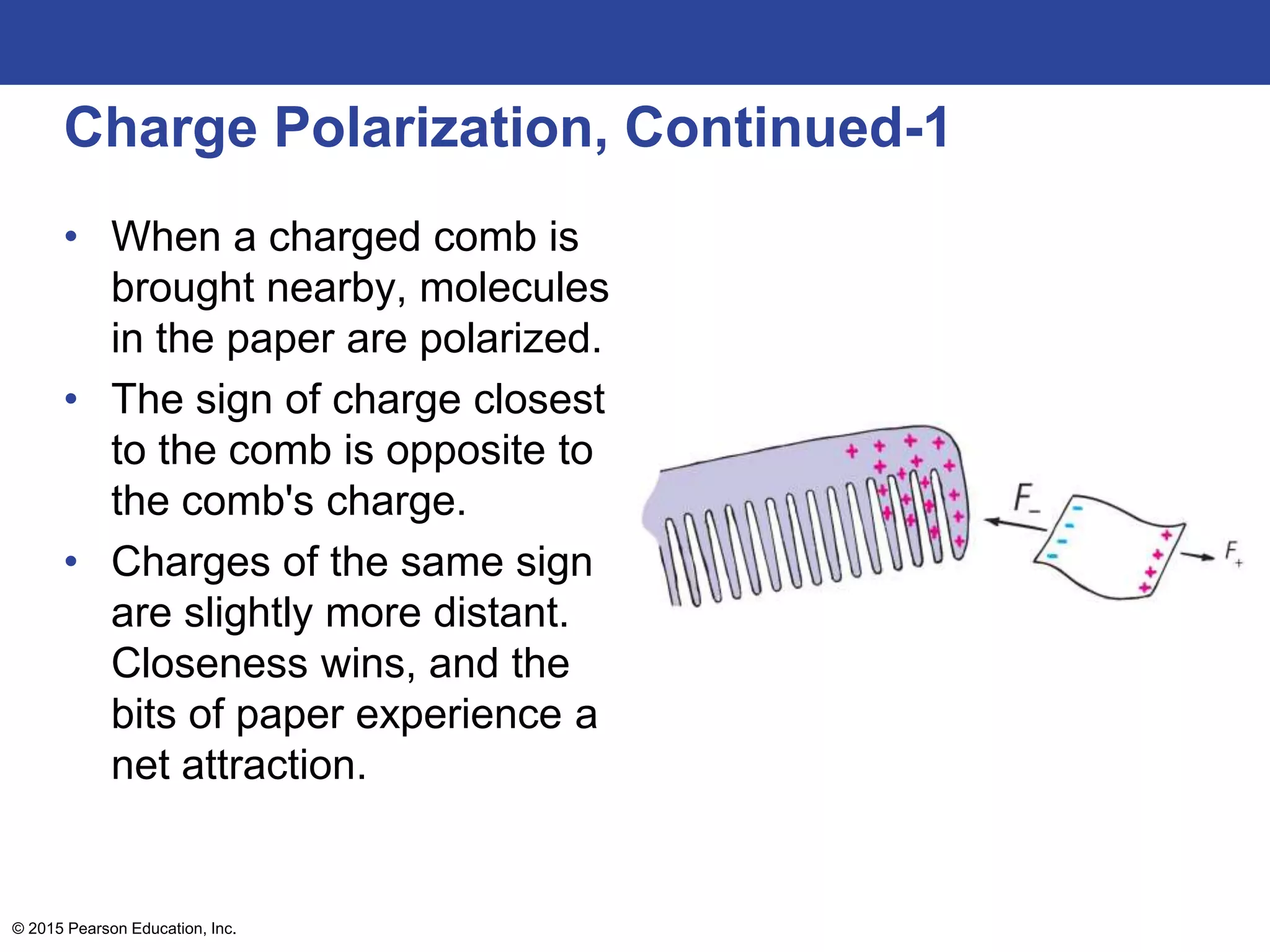 © 2015 Pearson Education, Inc.
Charge Polarization, Continued-1
• When a charged comb is
brought nearby, molecules
in the paper are polarized.
• The sign of charge closest
to the comb is opposite to
the comb's charge.
• Charges of the same sign
are slightly more distant.
Closeness wins, and the
bits of paper experience a
net attraction.
 