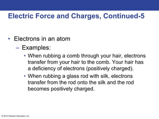 © 2015 Pearson Education, Inc.
Electric Force and Charges, Continued-5
• Electrons in an atom
– Examples:
• When rubbing a comb through your hair, electrons
transfer from your hair to the comb. Your hair has
a deficiency of electrons (positively charged).
• When rubbing a glass rod with silk, electrons
transfer from the rod onto the silk and the rod
becomes positively charged.
 
