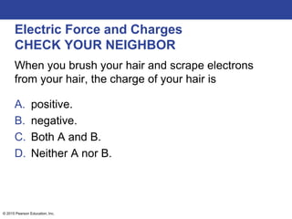 © 2015 Pearson Education, Inc.
Electric Force and Charges
CHECK YOUR NEIGHBOR
When you brush your hair and scrape electrons
from your hair, the charge of your hair is
A. positive.
B. negative.
C. Both A and B.
D. Neither A nor B.
 