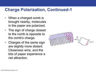 © 2015 Pearson Education, Inc.
Charge Polarization, Continued-1
• When a charged comb is
brought nearby, molecules
in the paper are polarized.
• The sign of charge closest
to the comb is opposite to
the comb's charge.
• Charges of the same sign
are slightly more distant.
Closeness wins, and the
bits of paper experience a
net attraction.
 