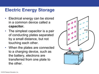 © 2015 Pearson Education, Inc.
Electric Energy Storage
• Electrical energy can be stored
in a common device called a
capacitor.
• The simplest capacitor is a pair
of conducting plates separated
by a small distance, but not
touching each other.
• When the plates are connected
to a charging device, such as
the battery, electrons are
transferred from one plate to
the other.
 