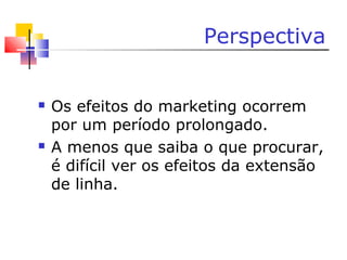Perspectiva
 Os efeitos do marketing ocorrem
por um período prolongado.
 A menos que saiba o que procurar,
é difícil ver os efeitos da extensão
de linha.
 