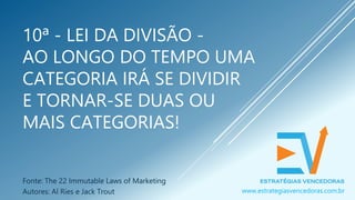 10ª - LEI DA DIVISÃO -
AO LONGO DO TEMPO UMA
CATEGORIA IRÁ SE DIVIDIR
E TORNAR-SE DUAS OU
MAIS CATEGORIAS!
Fonte: The 22 Immutable Laws of Marketing
Autores: Al Ries e Jack Trout www.estrategiasvencedoras.com.br
 