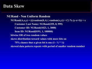 Data Skew
NURand - Non Uniform Random
NURand(A,x,y) = (((random(0,A) | random(x,y)) + C) % (y-x+1)) + x
Customer Last Name: NURand(255, 0, 999)
Customer ID: NURand(1023, 1, 3000)
Item ID: NURand(8191, 1, 100000)
bitwise OR of two random values
skews distribution toward values with more bits on
75% chance that a given bit is one (1 - ½ * ½)
skewed data pattern repeats with period of smaller random number
 