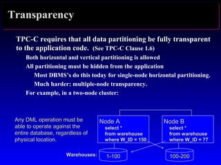 1-1001-100
Transparency
TPC-C requires that all data partitioning be fully transparent
to the application code. (See TPC-C Clause 1.6)
Both horizontal and vertical partitioning is allowed
All partitioning must be hidden from the application
Most DBMS’s do this today for single-node horizontal partitioning.
Much harder: multiple-node transparency.
For example, in a two-node cluster:
Warehouses:Warehouses:
Node ANode A
select *select *
from warehousefrom warehouse
where W_ID = 150where W_ID = 150
Node BNode B
select *select *
from warehousefrom warehouse
where W_ID = 77where W_ID = 77
Any DML operation must beAny DML operation must be
able to operate against theable to operate against the
entire database, regardless ofentire database, regardless of
physical location.physical location.
100-200100-200
 