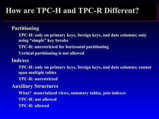 How are TPC-H and TPC-R Different?
Partitioning
TPC-H: only on primary keys, foreign keys, and date columns; only
using “simple” key breaks
TPC-R: unrestricted for horizontal partitioning
Vertical partitioning is not allowed
Indexes
TPC-H: only on primary keys, foreign keys, and date columns; cannot
span multiple tables
TPC-R: unrestricted
Auxiliary Structures
What? materialized views, summary tables, join indexes
TPC-H: not allowed
TPC-R: allowed
 