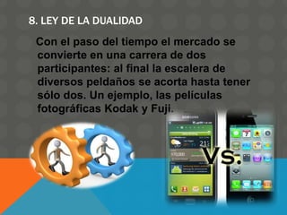 8. LEY DE LA DUALIDAD
Con el paso del tiempo el mercado se
convierte en una carrera de dos
participantes: al final la escalera de
diversos peldaños se acorta hasta tener
sólo dos. Un ejemplo, las películas
fotográficas Kodak y Fuji.
 