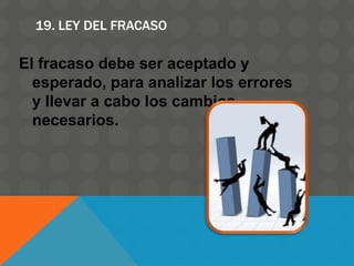 19. LEY DEL FRACASO
El fracaso debe ser aceptado y
esperado, para analizar los errores
y llevar a cabo los cambios
necesarios.
 