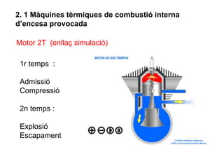 2. 1 Màquines tèrmiques de combustió interna
d’encesa provocada

Motor 2T (enllaç simulació)

 1r temps :

 Admissió
 Compressió

 2n temps :

 Explosió
 Escapament
 