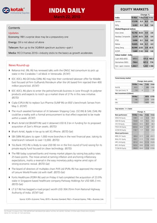 INDIA DAILY
                                                               March 22, 2010                                                India                19-Mar 1-day1-mo 3-mo

                                                                                                                             Sensex               17,578         0.3       8.3       5.3

                                                                                                                             Nifty                   5,263       0.3       8.4       5.6
     Contents                                                                                                                Global/Regional indices

     Updates                                                                                                                 Dow Jones            10,742 (0.3)             3.5       2.6

     Economy: RBI’s surprise dose may be a preparatory one                                                                   Nasdaq Composite        2,374 (0.7)           5.9       5.4

                                                                                                                             FTSE                    5,650       0.1       5.6       6.0
     Energy: Oil is not about oil alone
                                                                                                                             Nikkie               10,825         0.8       4.1       4.3
     Telecom: Run up to the 3G/BWA spectrum auctions—part I                                                                  Hang Seng            20,944 (2.0)             2.8 (0.7)
                                                                                                                             KOSPI                   1,669 (1.0)           2.6       0.8
     Media: FICCI Frames 2010—industry sticks to the basics as growth accelerates
                                                                                                                             Value traded - India

                                                                                                                             Cash (NSE+BSE)          177.1               171.5 160.3
                                                                                                                             Derivatives (NSE)       758.4               927.2       714
     News Round-up                                                                                                           Deri. open interest 1,344.7                 1,233 1,166

         Reliance Ind. (RIL IN) has renewed talks with the ONGC led consortium to pick up
         stake in the Corabobo 1 oil block in Venezuela. (ECNT)
                                                                                                                             Forex/money market
         IOC (IOCL IN)-Oil India (OINL IN) may hike their combined takeover offer for Middle
                                                                                                                                                              Change, basis points
         East focused oil firm Gulfsands Petroleum after the UK based firm rejected their 400
                                                                                                                                                  19-Mar 1-day             1-mo      3-mo
         million pound bid. (ECNT)
                                                                                                                             Rs/US$                    45.5         1       (80)     (136)

         IOC (IOCL IN) plans to enter the petrochemicals business in June through its polymer                                10yr govt bond, %          7.9         4            -      32
                                                                                                                             Net investment (US$mn)
         products and expects to notch up a market share of 21% in this new initiative.
                                                                                                                                                  18-Mar                   MTD CYTD
         (BSTD)
                                                                                                                             FIIs                      156                2,575      (230)

         Cipla (CIPLA IN) to replace Sun Pharma (SUNP IN) on BSE's benchmark Sensex from                                     MFs                       (11)                (402)     (282)

         May 3. (ECNT)
                                                                                                                             Top movers -3mo basis
         The much awaited formation of JV between Shipping Corp. (SCI IN) & SAIL (SAIL IN)                                                                    Change, %
         could be a reality with a formal announcement to that effect expected to be made                                    Best performers      19-Mar 1-day             1-mo      3-mo

         within a week. (ECNT)                                                                                               MSEZ IN Equity           728.7       2.2      12.4       34.9
                                                                                                                             SIEM IN Equity           732.8       0.5      10.1       33.2
         Bharti Airtel Ltd (BHARTI IN) said it obtained USD 8.3 bn in funding for its proposed                               JSTL IN Equity          1242.4      (0.5)     20.7       26.3
         acquisition of Zain's African assets. (BSTD)                                                                        FTECH IN Equity         1635.6      (0.4)      9.3       24.1
                                                                                                                             ACEM IN Equity           118.7       1.7      13.3       23.6
         Bharti Airtel, Apple in tie-up to sell 3G iPhone. (BSTD-Sat)
                                                                                                                             Worst performers

         SBI (SBIN IN) plans to open 1,000 more branches in the next financial year, taking its                              IBREL IN Equity          160.4      (2.7)      4.4      (24.1)
                                                                                                                             IBULL IN Equity          103.1      (1.7)      7.5      (18.0)
         total branch network to over 13,000. (BSTD)
                                                                                                                             HPCL IN Equity           321.4      (0.6)    (11.5)     (16.9)
         Yes Bank (YES IN) is likely to raise USD 80 mn in the first round of fund raising for its                           BPCL IN Equity           522.6      (0.8)    (11.8)     (14.1)

         private equity fund focused on clean technology. (BSTD)                                                             TCOM IN Equity           293.9      (0.4)     (1.0)     (13.6)


         The RBI today surprised banks and money market players by raising key policy rates
         25 basis points. The move aimed at taming inflation and anchoring inflationary
         expectations, marks a reversal in the easy monetary policy regime amid signs of
         strong economic revival. (BSTD-Sat)
         The board of directors of multiplex chain PVR Ltd (PVRL IN) has approved the merger
         of Leisure World Private Ltd with itself. (BSTD-Sat)

         Fortis Healthcare (FORH IN) said on Friday it had completed the acquisition of 23.9%
         stake in Singapore based healthcare company Parkway Holdings for USD 685.3 mn.
         (BSTD-Sat)

         LT (LT IN) has bagged a road project worth USD 304.35mn from National Highway
         Authority of India. (ECNT-Sat)

                   Source: ECNT= Economic Times, BSTD = Business Standard, FNLE = Financial Express, THBL = Business Line.




For Private Circulation Only. FOR IMPORTANT INFORMATION ABOUT KOTAK SECURITIES’ RATING SYSTEM AND OTHER DISCLOSURES.
REFER TO THE END OF THIS MATERIAL.
 