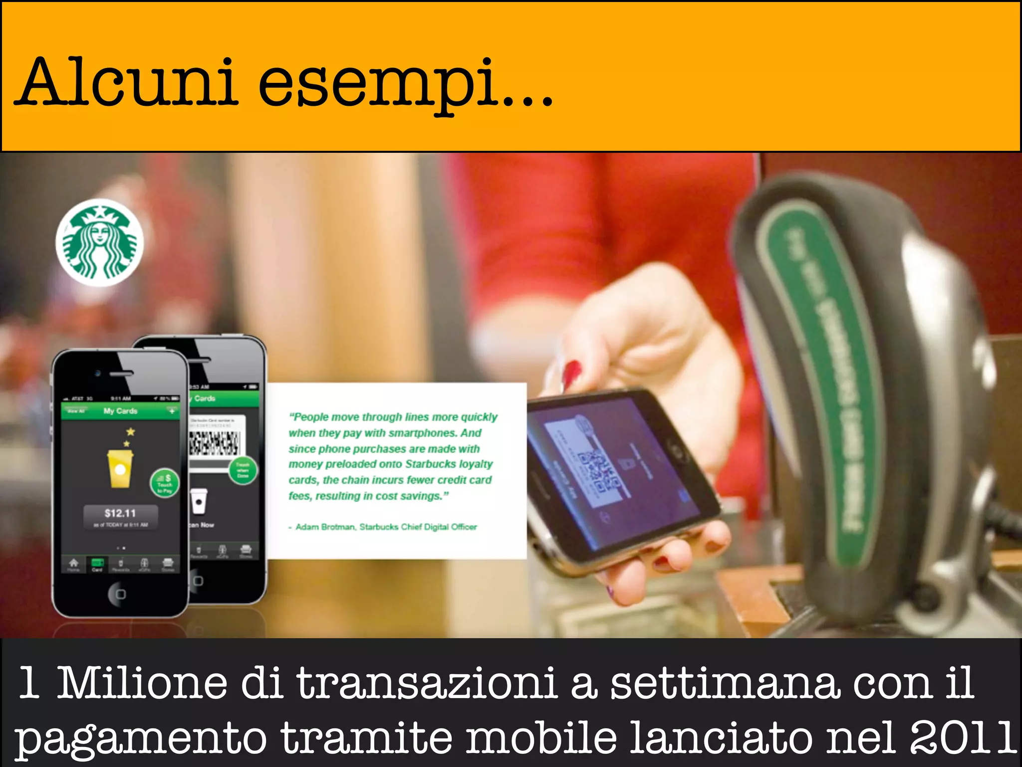 Alcuni esempi...




1 Milione di transazioni a settimana con il
pagamento tramite mobile lanciato nel 2011
 