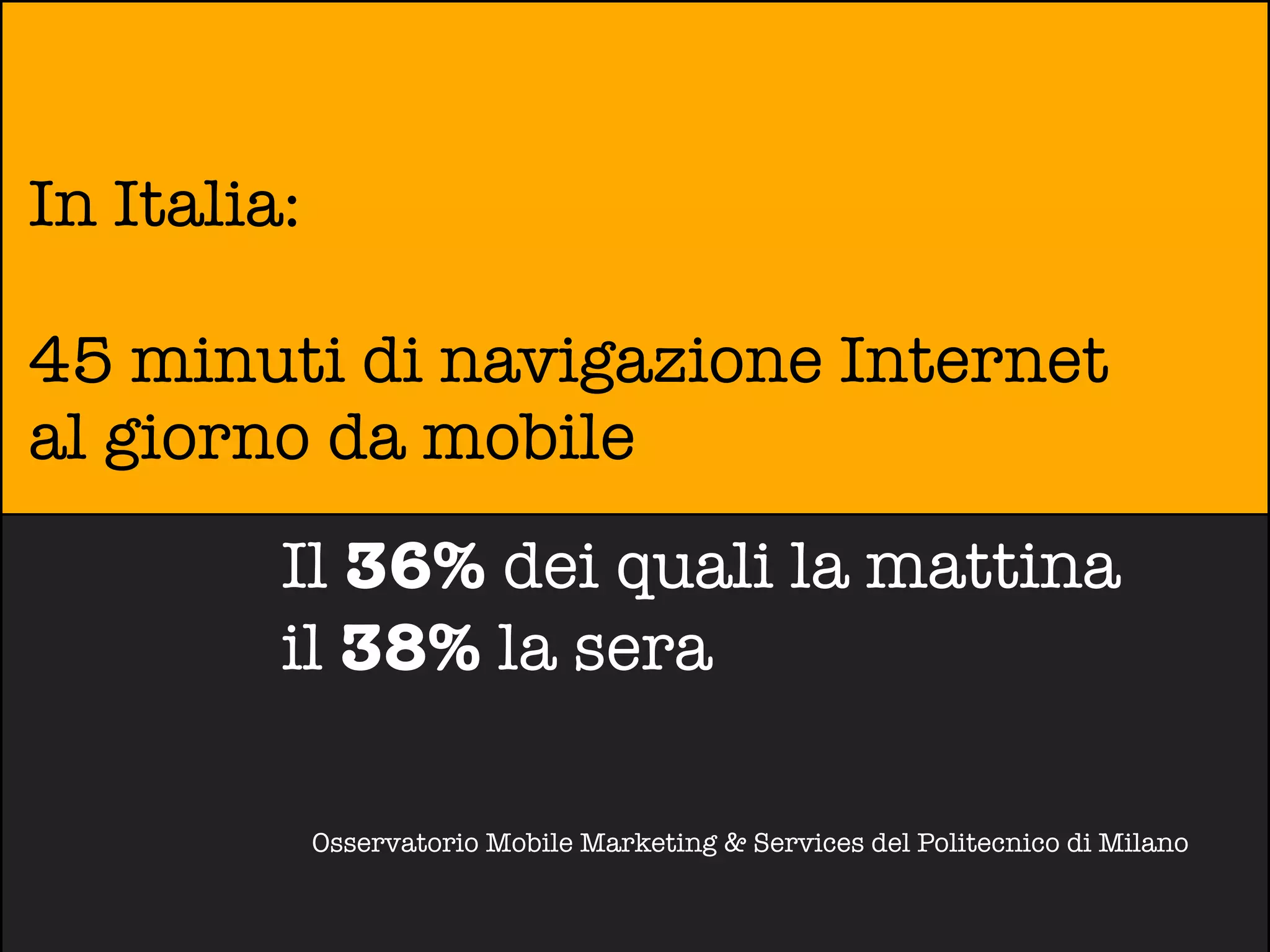 In Italia:

45 minuti di navigazione Internet
al giorno da mobile
         Il 36% dei quali la mattina
         il 38% la sera

             Osservatorio Mobile Marketing & Services del Politecnico di Milano
 