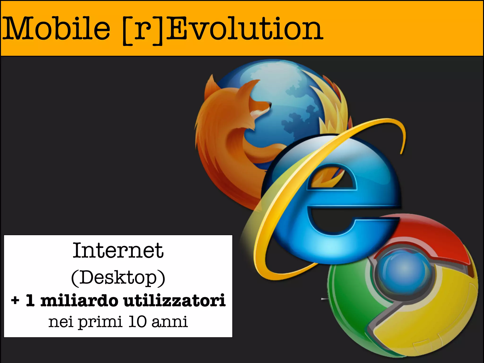 Mobile [r]Evolution




       Internet
      (Desktop)
+ 1 miliardo utilizzatori
    nei primi 10 anni
 