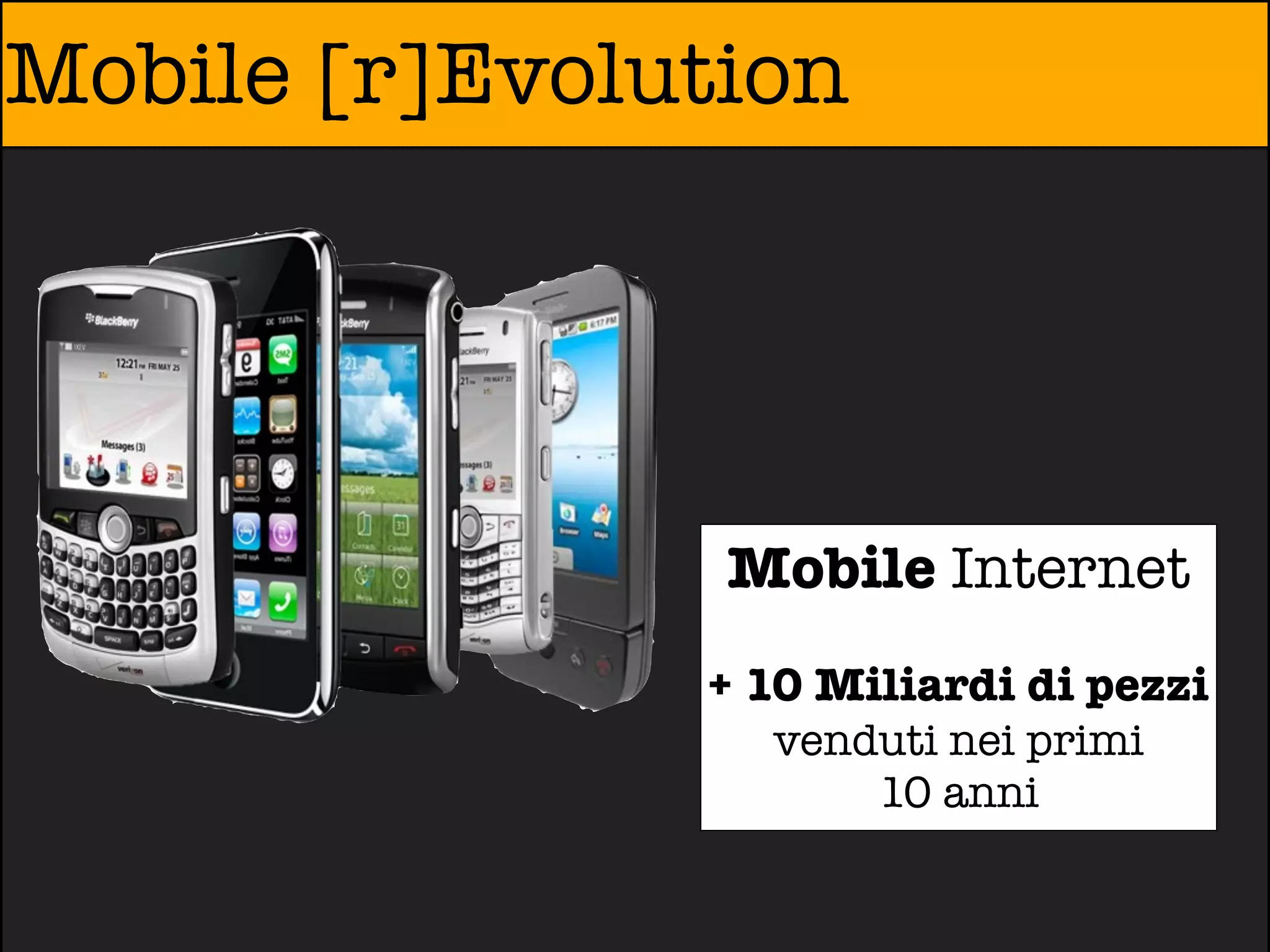 Mobile [r]Evolution




                Mobile Internet
               + 10 Miliardi di pezzi
                 venduti nei primi
                     10 anni
 