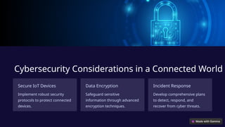 Cybersecurity Considerations in a Connected World
Secure IoT Devices
Implement robust security
protocols to protect connected
devices.
Data Encryption
Safeguard sensitive
information through advanced
encryption techniques.
Incident Response
Develop comprehensive plans
to detect, respond, and
recover from cyber threats.
 