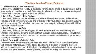 1. Level One: Basic Data Availability
At this level, a factory or facility is not really ‘smart’ at all. There is data available but it
is not easily accessed or analysed. Data analysis, where it is done, is time consuming and
can add inefficiencies to your production process.
2. Level Two: Proactive Data Analysis
At this level, the data can be accessed in a more structured and understandable form.
The data will be centrally available and organised with visualisation and displays assisting
with its processing. This all allows for proactive data analysis, although there will still be
a level of effort involved.
3. Level Three: Active Data
At this level, the data can be analysed with the assistance of machine learning and
artificial intelligence, creating insight without as much human supervision. The system is
more automated than at level two and can predict key issues or anomalies to proactively
predict potential failures.
4. Level Four: Action-Oriented Data
The fourth level builds on the active nature of level three to create solutions to issues
and, in some instances, undertake action to alleviate a problem or improve a process
with no human intervention. At this level, data is collected and analysed for issues before
solutions are generated and, where possible, actioned with very littl e human input
The Four Levels of Smart Factories
 
