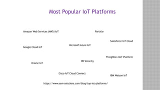 Amazon Web Services (AWS) IoT
Microsoft Azure IoT
Oracle IoT
Particle
IRI Voracity
ThingWorx IIoT Platform
Google Cloud IoT
Cisco IoT Cloud Connect
Salesforce IoT Cloud
IBM Watson IoT
Most Popular IoT Platforms
https://www.sam-solutions.com/blog/top-iot-platforms/
 