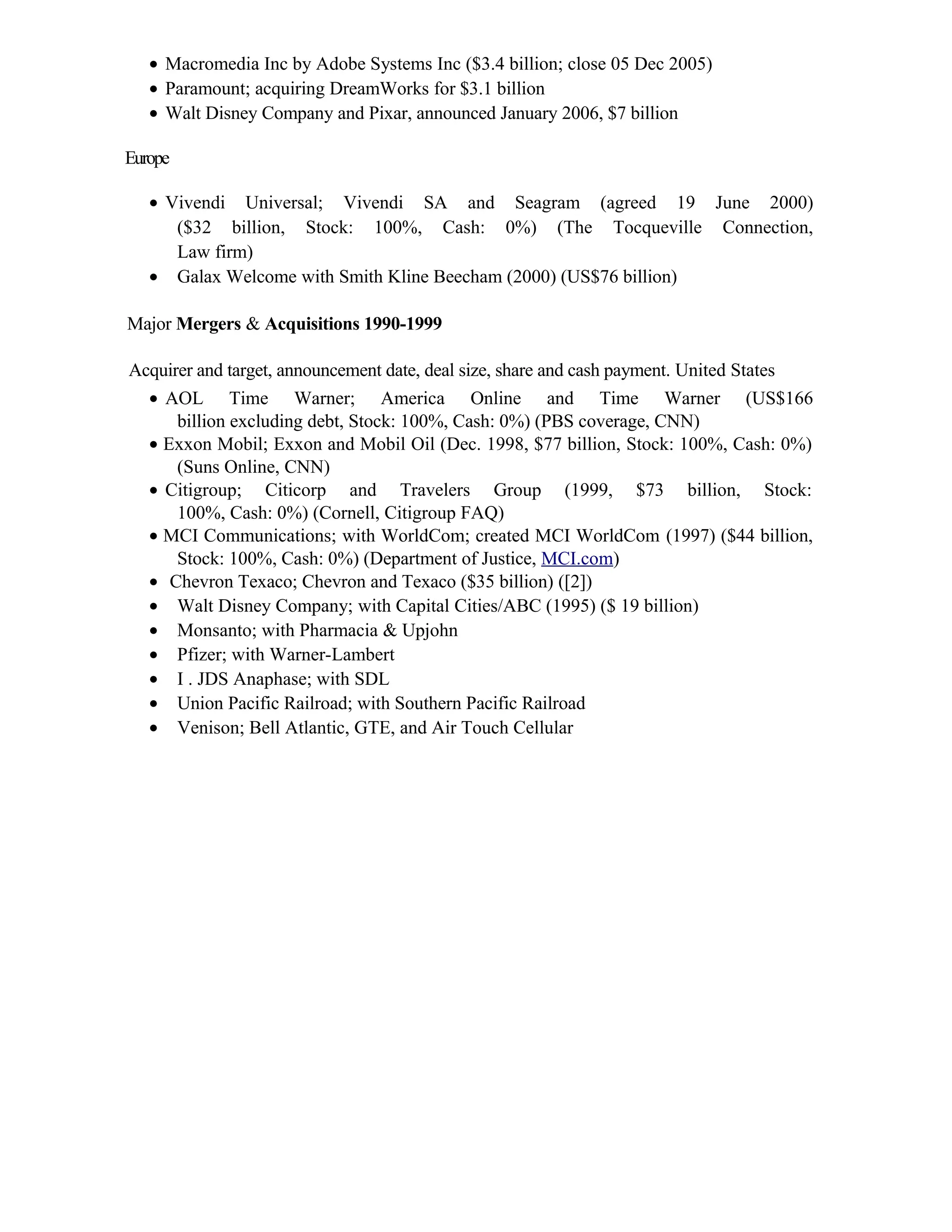 • Macromedia Inc by Adobe Systems Inc ($3.4 billion; close 05 Dec 2005)
• Paramount; acquiring DreamWorks for $3.1 billion
• Walt Disney Company and Pixar, announced January 2006, $7 billion
Europe
• Vivendi Universal; Vivendi SA and Seagram (agreed 19 June 2000)
($32 billion, Stock: 100%, Cash: 0%) (The Tocqueville Connection,
Law firm)
• Galax Welcome with Smith Kline Beecham (2000) (US$76 billion)
Major Mergers & Acquisitions 1990-1999
Acquirer and target, announcement date, deal size, share and cash payment. United States
• AOL Time Warner; America Online and Time Warner (US$166
billion excluding debt, Stock: 100%, Cash: 0%) (PBS coverage, CNN)
• Exxon Mobil; Exxon and Mobil Oil (Dec. 1998, $77 billion, Stock: 100%, Cash: 0%)
(Suns Online, CNN)
• Citigroup; Citicorp and Travelers Group (1999, $73 billion, Stock:
100%, Cash: 0%) (Cornell, Citigroup FAQ)
• MCI Communications; with WorldCom; created MCI WorldCom (1997) ($44 billion,
Stock: 100%, Cash: 0%) (Department of Justice, MCI.com)
• Chevron Texaco; Chevron and Texaco ($35 billion) ([2])
• Walt Disney Company; with Capital Cities/ABC (1995) ($ 19 billion)
• Monsanto; with Pharmacia & Upjohn
• Pfizer; with Warner-Lambert
• I . JDS Anaphase; with SDL
• Union Pacific Railroad; with Southern Pacific Railroad
• Venison; Bell Atlantic, GTE, and Air Touch Cellular
 