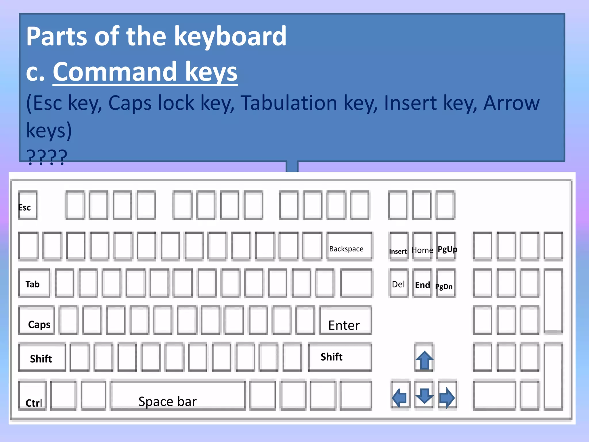 Parts of the keyboard
c. Command keys
(Esc key, Caps lock key, Tabulation key, Insert key, Arrow
keys)
????
Esc
Tab
Caps
Shift
Ctrl Space bar
Shift
Enter
Del
Backspace HomeInsert PgUp
End PgDn
 
