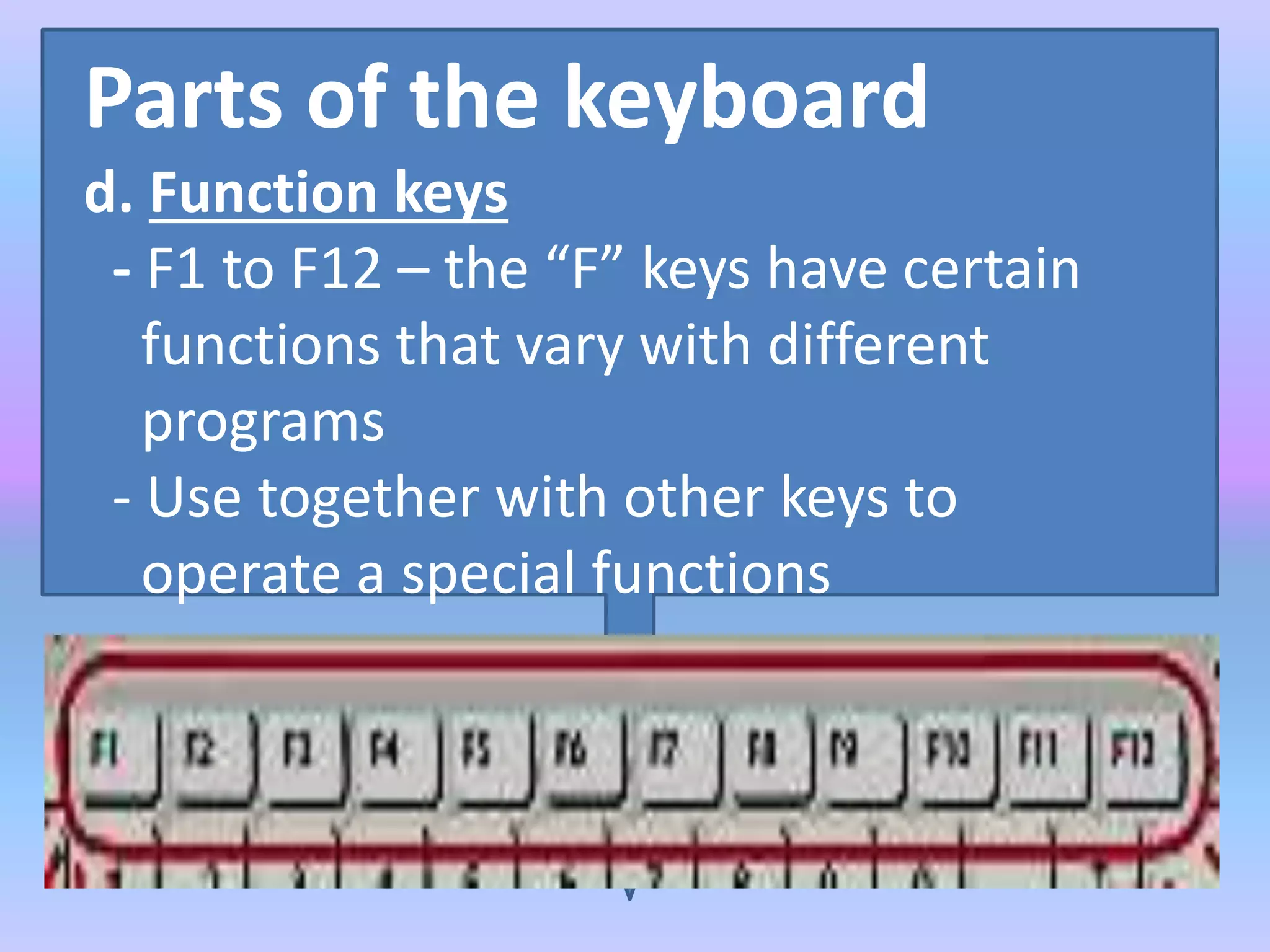 Parts of the keyboard
d. Function keys
- F1 to F12 – the “F” keys have certain
functions that vary with different
programs
- Use together with other keys to
operate a special functions
 
