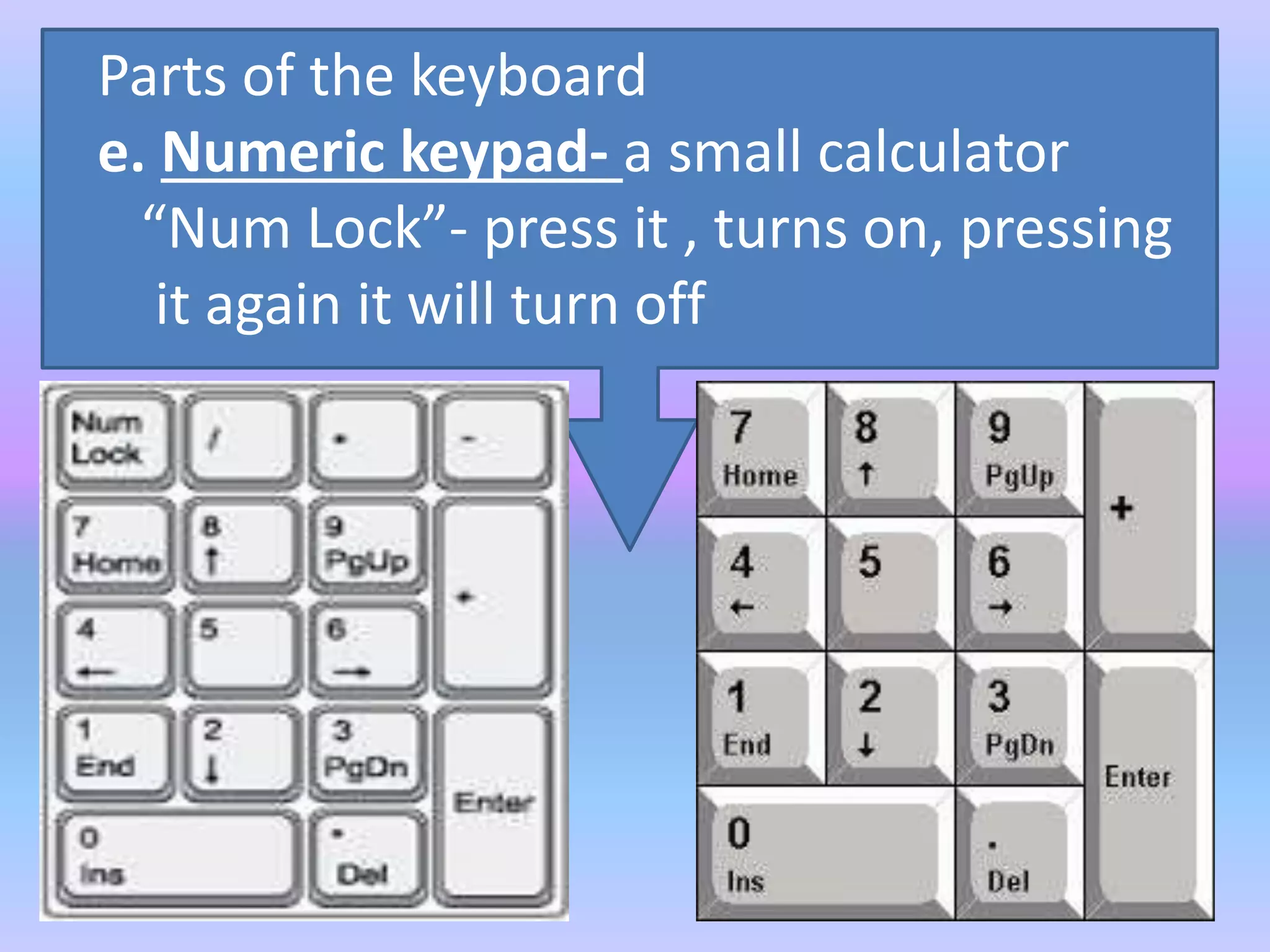 Parts of the keyboard
e. Numeric keypad- a small calculator
“Num Lock”- press it , turns on, pressing
it again it will turn off
 