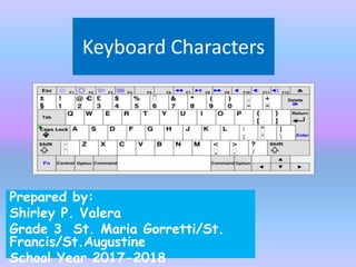 Keyboard Characters
Prepared by:
Shirley P. Valera
Grade 3 St. Maria Gorretti/St.
Francis/St.Augustine
School Year 2017-2018
 