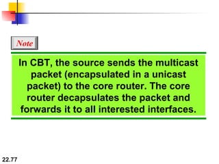 22.77
In CBT, the source sends the multicast
packet (encapsulated in a unicast
packet) to the core router. The core
router decapsulates the packet and
forwards it to all interested interfaces.
Note
 