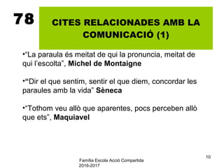 Família Escola Acció Compartida
2016-2017
10
78 CITES RELACIONADES AMB LA
COMUNICACIÓ (1)
•“La paraula és meitat de qui la pronuncia, meitat de
qui l’escolta”, Michel de Montaigne
•“Dir el que sentim, sentir el que diem, concordar les
paraules amb la vida” Sèneca
•“Tothom veu allò que aparentes, pocs perceben allò
que ets”, Maquiavel
 