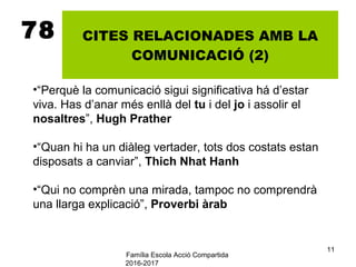 Família Escola Acció Compartida
2016-2017
11
78 CITES RELACIONADES AMB LA
COMUNICACIÓ (2)
•“Perquè la comunicació sigui significativa há d’estar
viva. Has d’anar més enllà del tu i del jo i assolir el
nosaltres”, Hugh Prather
•“Quan hi ha un diàleg vertader, tots dos costats estan
disposats a canviar”, Thich Nhat Hanh
•“Qui no comprèn una mirada, tampoc no comprendrà
una llarga explicació”, Proverbi àrab
 
