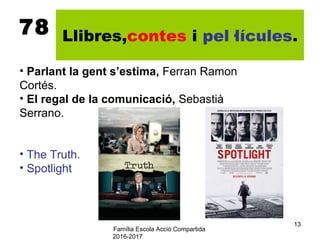 Família Escola Acció Compartida
2016-2017
13
78 Llibres,contes i pel·lícules.
• Parlant la gent s’estima, Ferran Ramon
Cortés.
• El regal de la comunicació, Sebastià
Serrano.
• The Truth.
• Spotlight
 