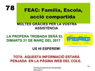 Família Escola Acció Compartida
2016-2017
14
78 FEAC: Família, Escola,
acció compartida
MOLTES GRÀCIES PER LA VOSTRA
ASSISTÈNCIA
LA PROPERA TROBADA SERÀ EL
DIMARTS 21 DE MARÇ DEL 2017
US HI ESPEREM!
TOTA AQUESTA INFORMACIÓ ESTARÀ
PENJADA EN LA PÀGINA WEB DEL COLE.
 