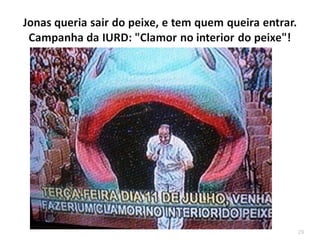 29
Moisés passa 40 anos nas campinas de Midiã e só depois é chamado
para conduzir o povo de Deus. Ex 2.11
Davi passa por perseguições e desterro na caverna de Adulão para
depois encontrar o caminho do reino de Israel. 1Sm 22
José foi colocado na prisão para depois ser o condutor dos
Egípcios. Gn 39.20
Jeremias foi colocado no calabouço lamacento para depois
profetizar a reconstrução de Israel.Jr 38.6
Paulo passa 3 anos nos desertos da Arábia para depois se tornar o
apóstolo dos gentios.
Todos passaram por situações difíceis para deixar que Deus
dirigisse suas vidas.
Jonas chega ao seu limite no ventre do grande peixe para depois
levar a mensagem a Nínive.
 