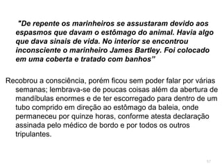57
James Bartley, marujo da baleeira Estrela do Oriente.
De acordo com os registros do Almirantado britânico, em
fevereiro de 1891, Bartley deixou o navio, juntamente com
outros membros da tripulação, e tomou a chalupa durante
uma caça à baleia.
O arpoador fez um disparo, a baleia mergulhou e, de repente,
voltou à superfície sob a chalupa, despedaçando-a e
espalhando os tripulantes; todos foram resgatados, menos
Bartley.
A baleia morreu e seu corpo foi seccionado.
Ao abrir sua barriga apareceram um pé e uma perna.
Bartley foi retirado do estômago da baleia, vivo ainda, mas
inconsciente.
 