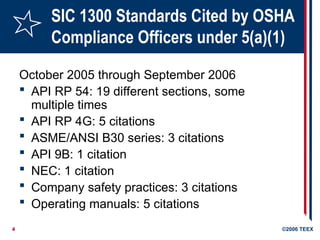 4 ©2006 TEEX
SIC 1300 Standards Cited by OSHA
Compliance Officers under 5(a)(1)
October 2005 through September 2006
 API RP 54: 19 different sections, some
multiple times
 API RP 4G: 5 citations
 ASME/ANSI B30 series: 3 citations
 API 9B: 1 citation
 NEC: 1 citation
 Company safety practices: 3 citations
 Operating manuals: 5 citations
 