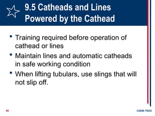 59 ©2006 TEEX
9.5 Catheads and Lines
Powered by the Cathead
 Training required before operation of
cathead or lines
 Maintain lines and automatic catheads
in safe working condition
 When lifting tubulars, use slings that will
not slip off.
 