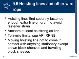 61 ©2006 TEEX
9.6 Hoisting lines and other wire
rope
 Hoisting line: End securely fastened;
enough extra line on drum to avoid
fastener strain
 Anchors at least as strong as line
 Ton-mile limits; see API RP 9B
 Moving hoisting line not to come in
contact with anything stationary except
crown block sheaves and traveling
block sheaves
 