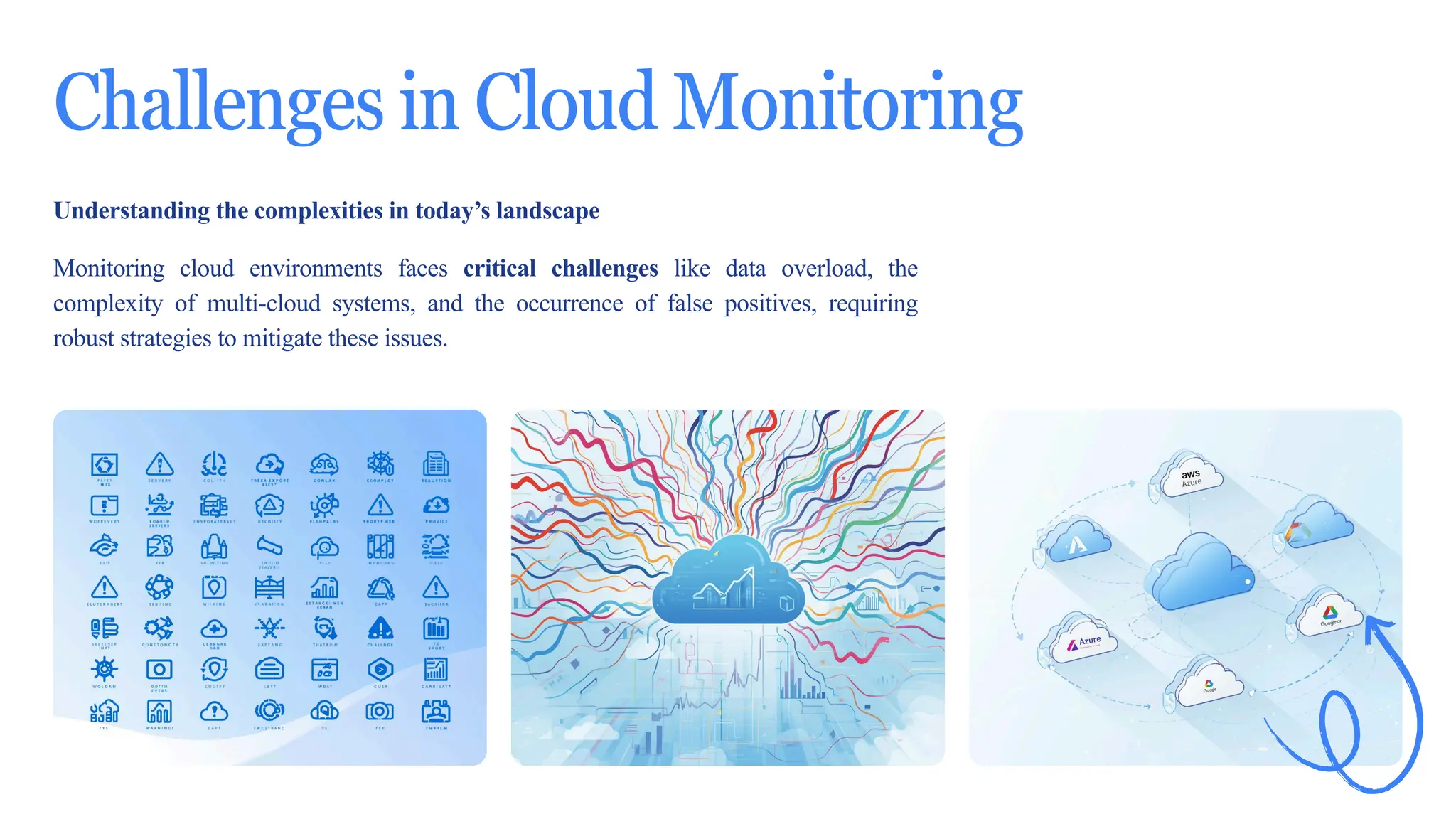 10
Challenges in Cloud Monitoring
Understanding the complexities in today’s landscape
Monitoring cloud environments faces critical challenges like data overload, the
complexity of multi-cloud systems, and the occurrence of false positives, requiring
robust strategies to mitigate these issues.
 