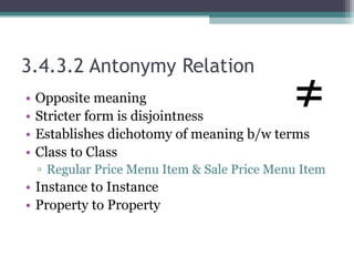 3.4.3.2 Antonymy Relation
• Opposite meaning
• Stricter form is disjointness
• Establishes dichotomy of meaning b/w terms
• Class to Class
▫ Regular Price Menu Item & Sale Price Menu Item
• Instance to Instance
• Property to Property
≠
 