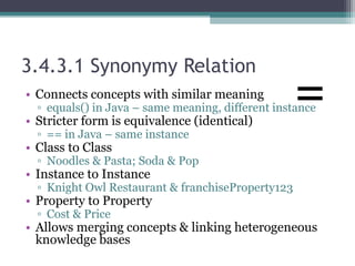 3.4.3.1 Synonymy Relation
• Connects concepts with similar meaning
▫ equals() in Java – same meaning, different instance
• Stricter form is equivalence (identical)
▫ == in Java – same instance
• Class to Class
▫ Noodles & Pasta; Soda & Pop
• Instance to Instance
▫ Knight Owl Restaurant & franchiseProperty123
• Property to Property
▫ Cost & Price
• Allows merging concepts & linking heterogeneous
knowledge bases
=
 